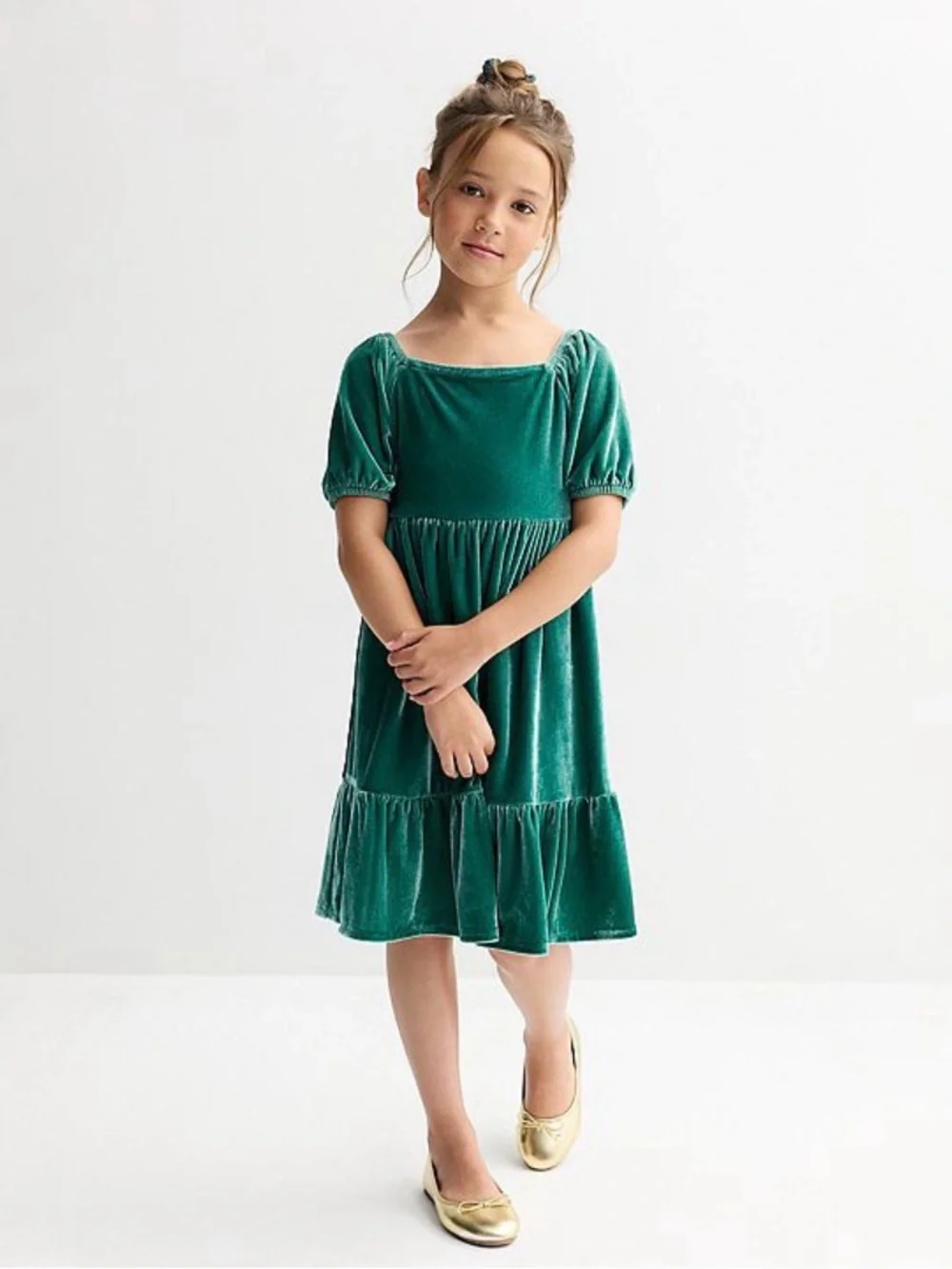 Carter's Girls' Velvet Puff Short Sleeve Dress in Emerald Size 6X